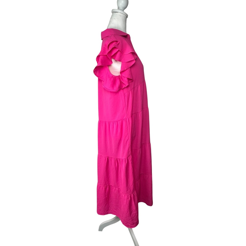 Umgee Hot Pink Tiered Short Ruffle Sleeve Midi Dress Size Small - Picture 7 of 12